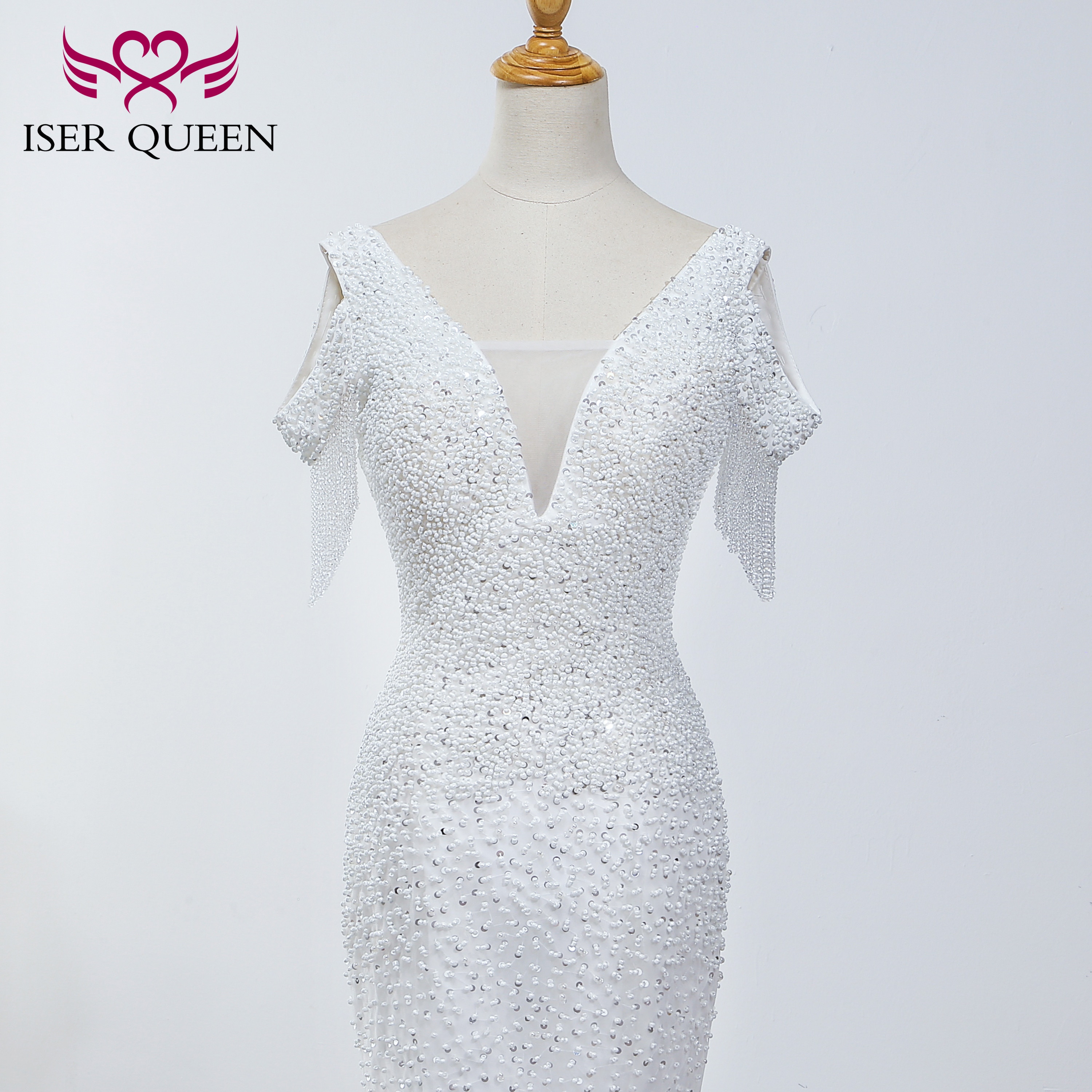 진주 구슬 깊은 v-목 캡 슬리브 인 어 공주 웨딩 드레스 우아한 순수한 흰색 수 놓은 레이스 신부 드레스 WX0037